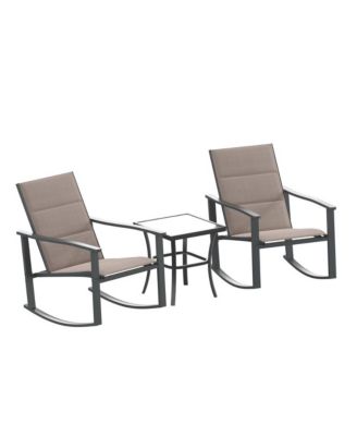 Brevyn 3 Piece Outdoor Bistro Set With Flex Comfort Rocking Chairs And Steel Framed Glass Top Table