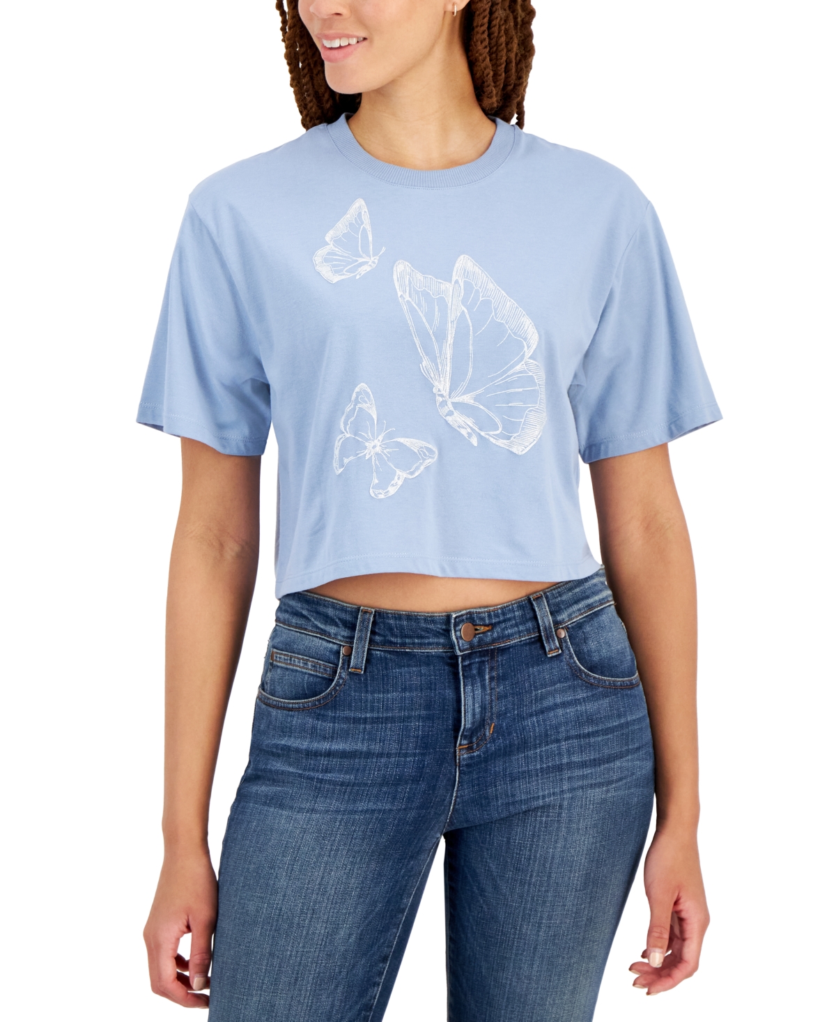 Juniors' Butterfly Puff-Print Cropped T-Shirt - Ashley Blue