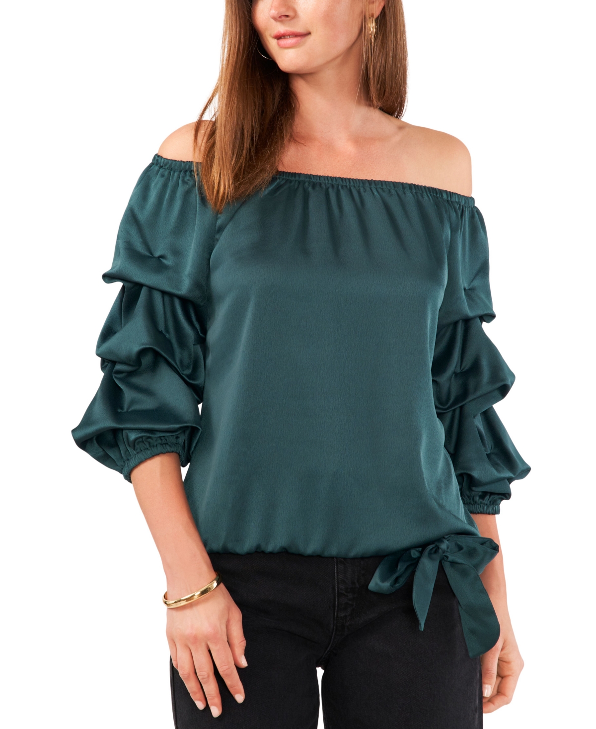 Vince Camuto Women's Off The Shoulder Bubble Sleeve Tie Front Blouse In Deep Forest