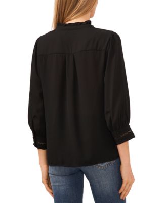 Women's Lace Trimmed Pintuck 3/4-Sleeve Button Front Blouse