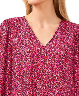 CeCe Women's Heart-Print Long-Sleeve Smocked-Cuff Blouse