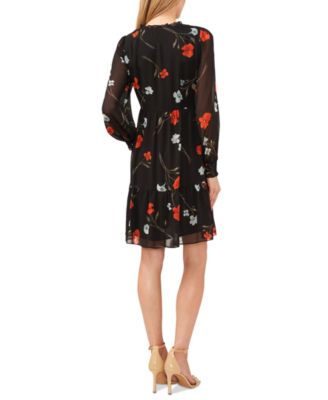 CeCe Women's Printed Long-Sleeve Smocked Empire-Waist Dress