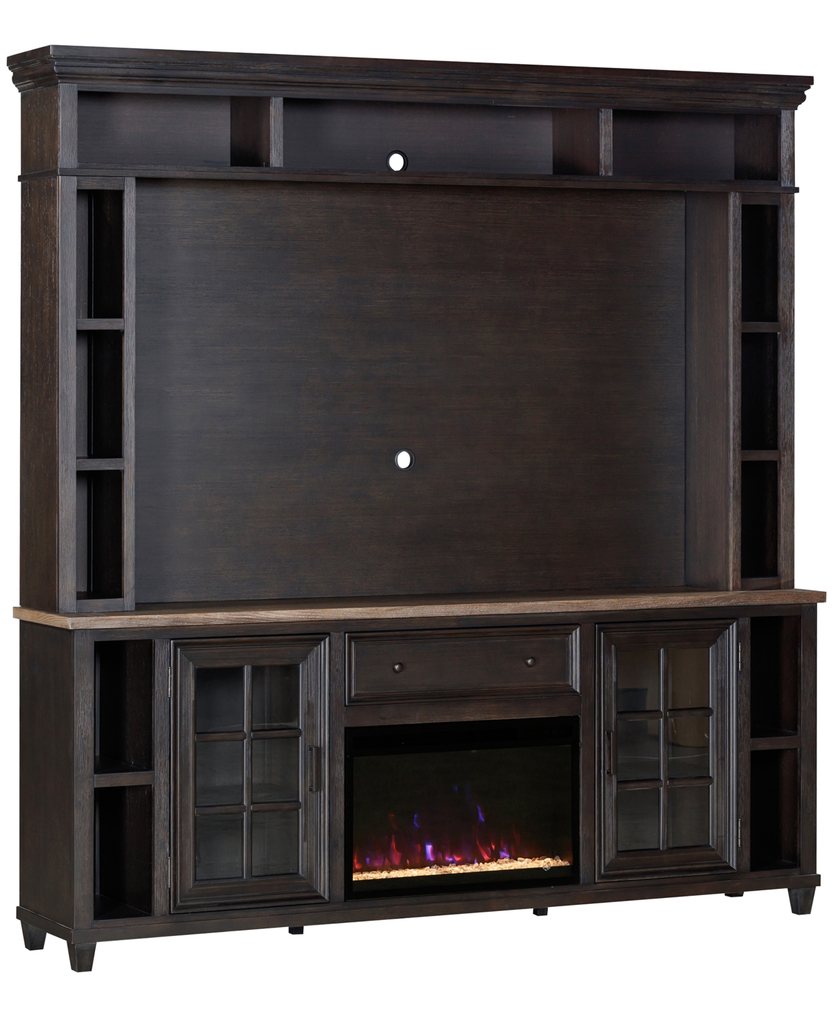 Shop Macy's 84" Dawnwood 3pc Tv Console Set (84" Console, Hutch And Fireplace) In Espresso