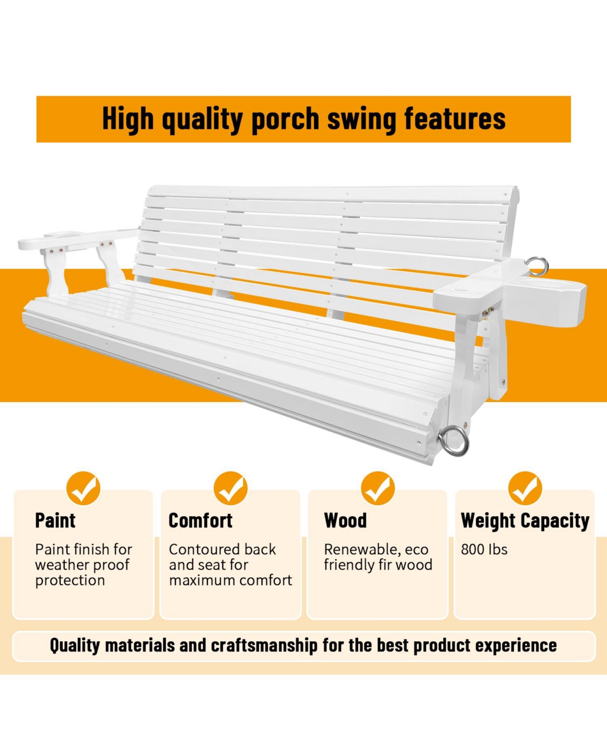 Mega Casa Wooden Porch Swing 3-Seater, Bench Swing with Cupholders, Hanging Chains and 7mm Springs, Heavy Duty 800 Lbs, for Outdoor Patio Garden Yard