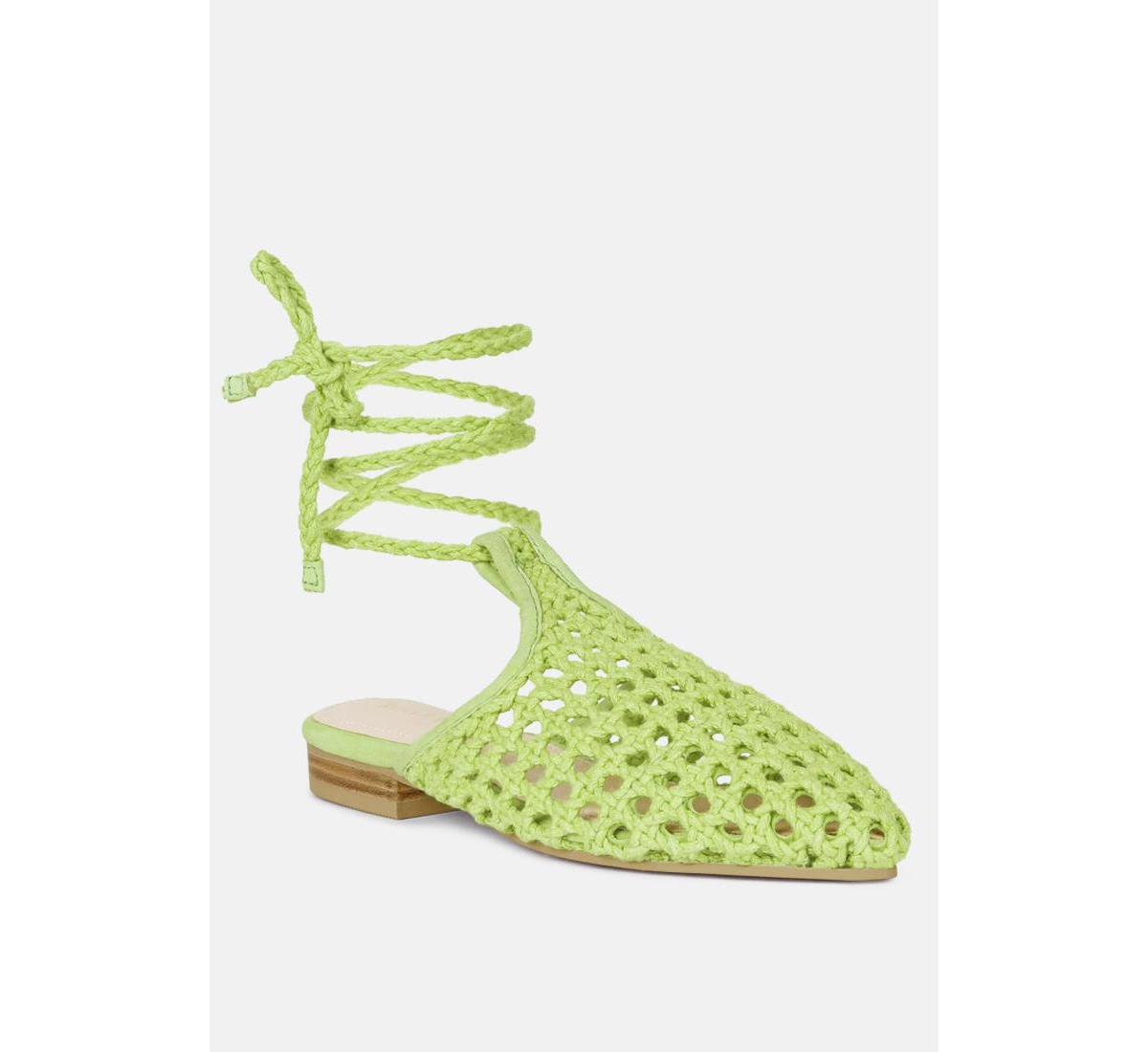 Rag & Co TutsiHandwoven Honeycomb Tie Up Flat Mules - Green