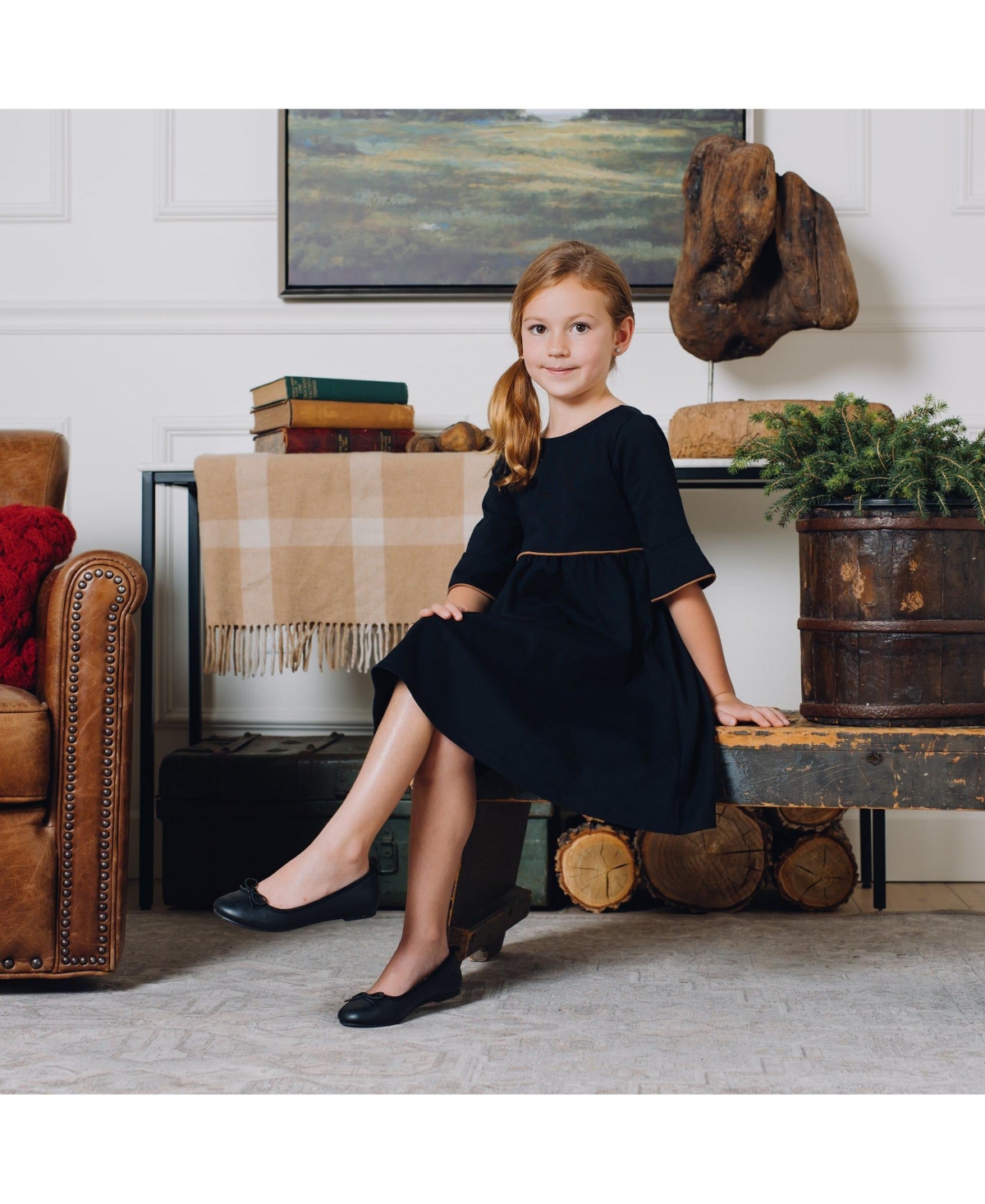 Hope & Henry Big Girls Ruffle Sleeve Ponte Dress with Suede Detail - Black with suede piping