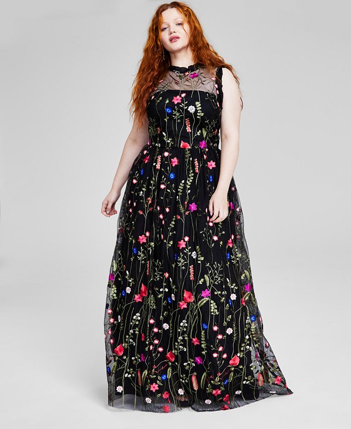 Trendy Plus Size Ruffle-Trim Embroidered Gown, Created for Macy's