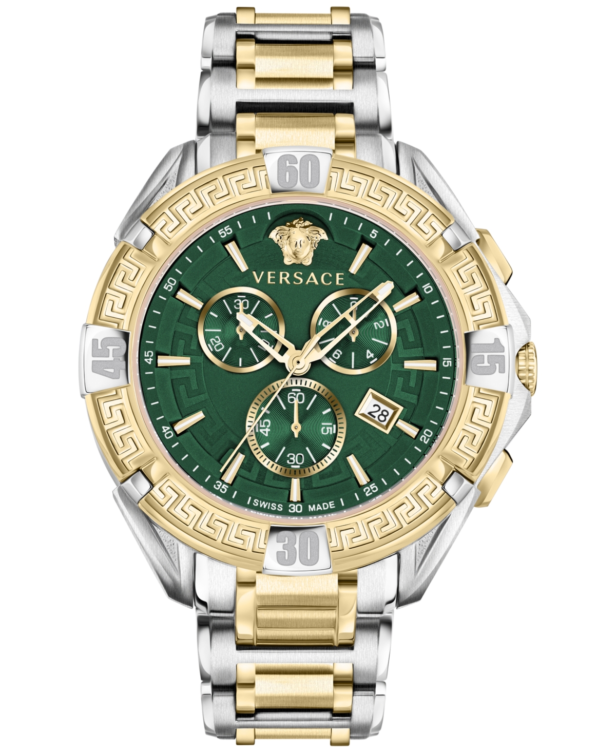 Versace Men's Swiss Chronograph V-greca Two-tone Stainless Steel Bracelet Watch 46mm In Two Tone