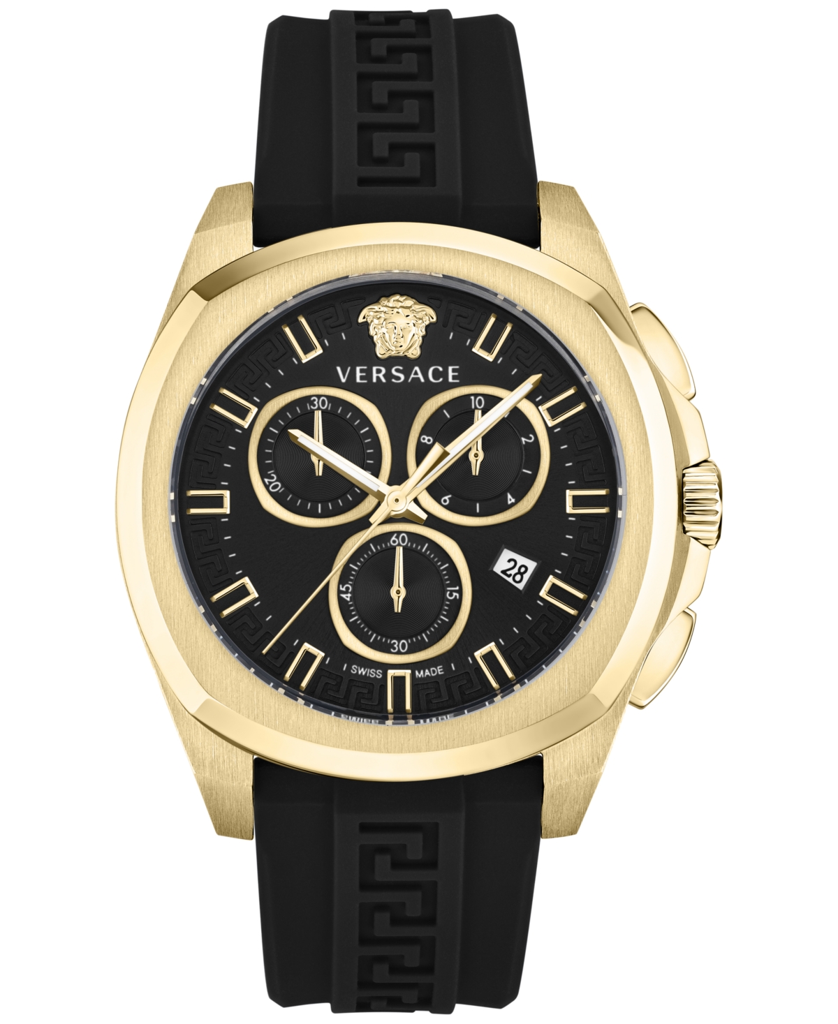 Versace Men's Swiss Chronograph Geo Black Silicone Strap Watch 43mm In Ip Yellow Gold