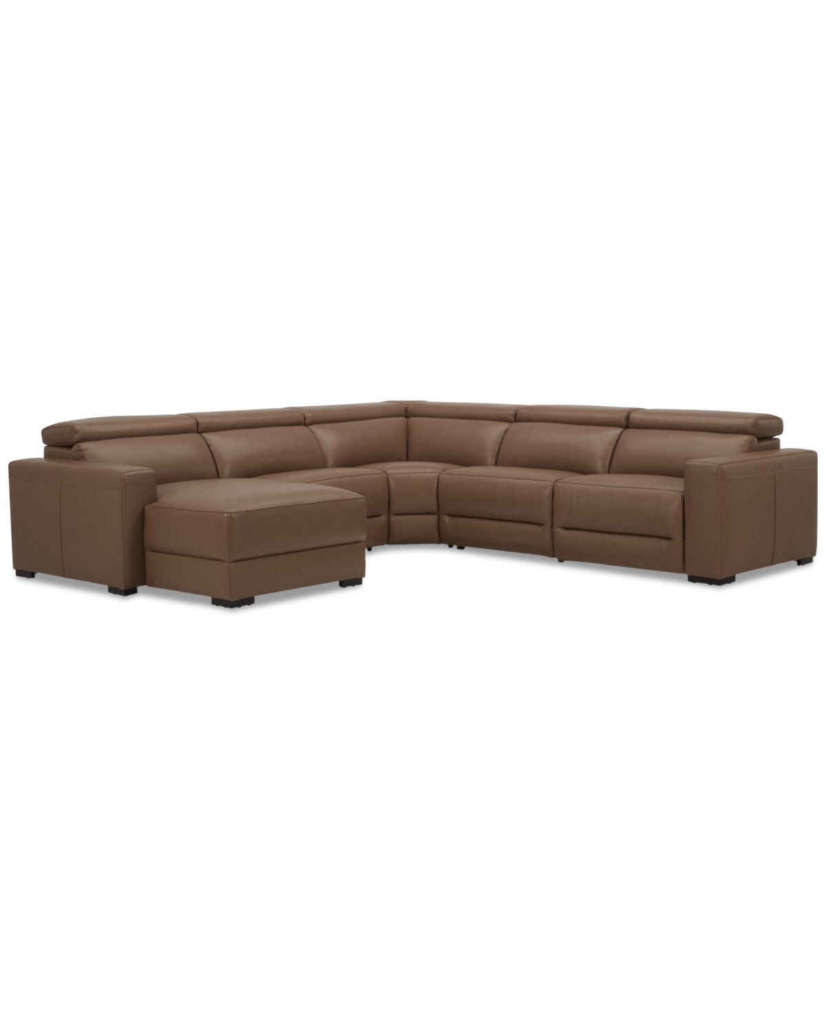 Macy's Nevio 124" 5-pc. Leather Sectional With 1 Power Recliner, Headrests And Chaise, Created For  In Butternut