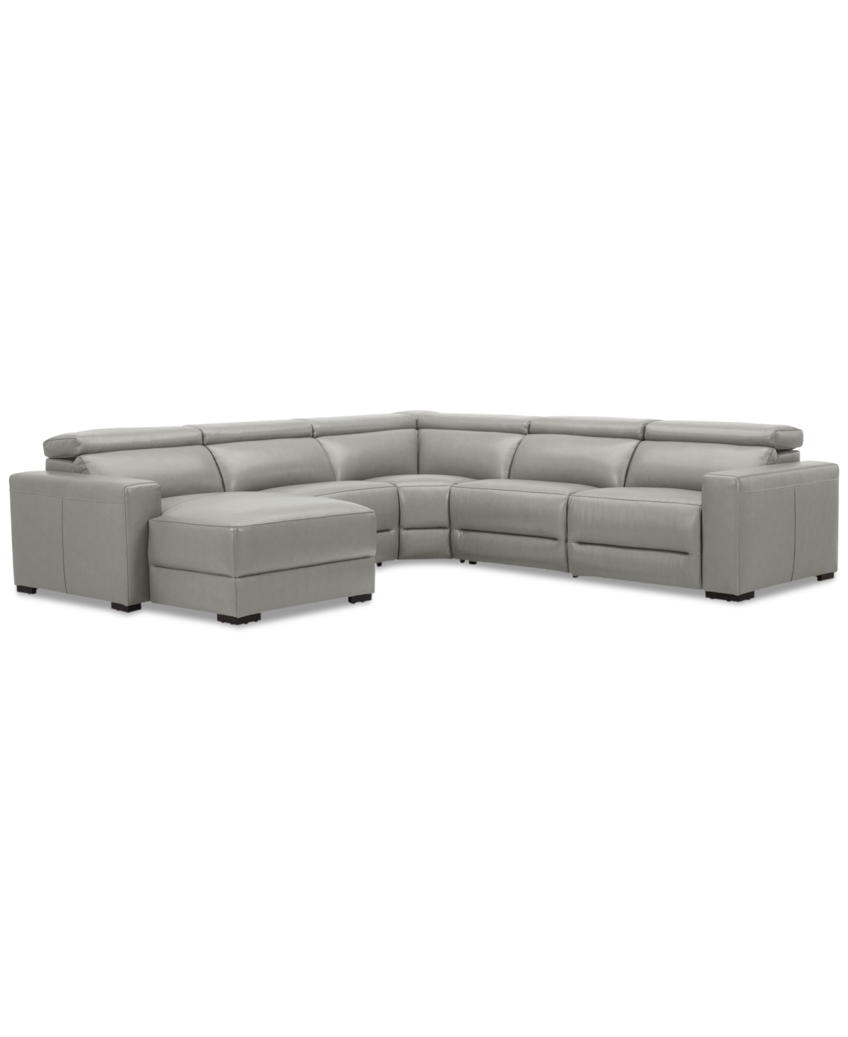Macy's Nevio 124" 5-pc. Leather Sectional With 1 Power Recliner, Headrests And Chaise, Created For  In Light Grey