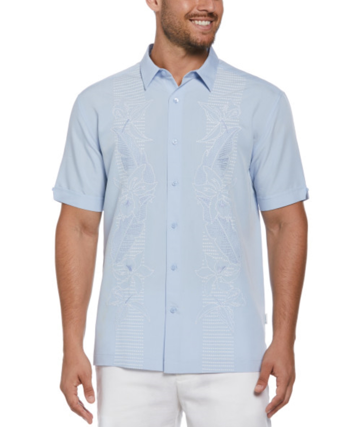 Cubavera Men's Short Sleeve Button Front Floral Embroidered Panel Shirt In Blue
