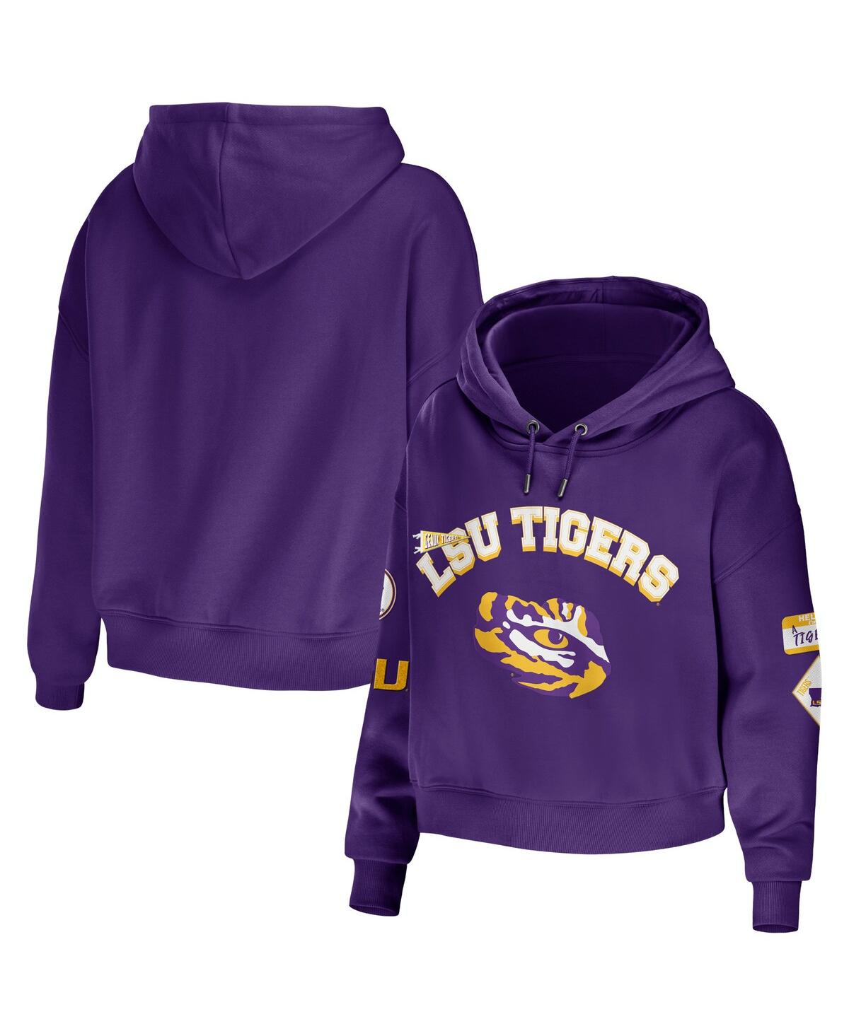 Shop Wear By Erin Andrews Women's  Purple Lsu Tigers Mixed Media Cropped Pullover Hoodie