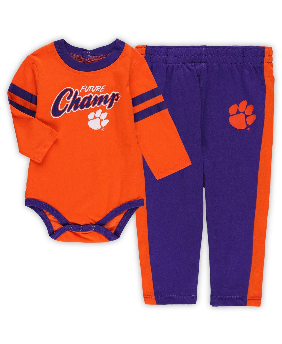 Outerstuff Infant Orange/purple Clemson Tigers Little Kicker Long Sleeve Bodysuit And Sweatpants Set In Orange,purple