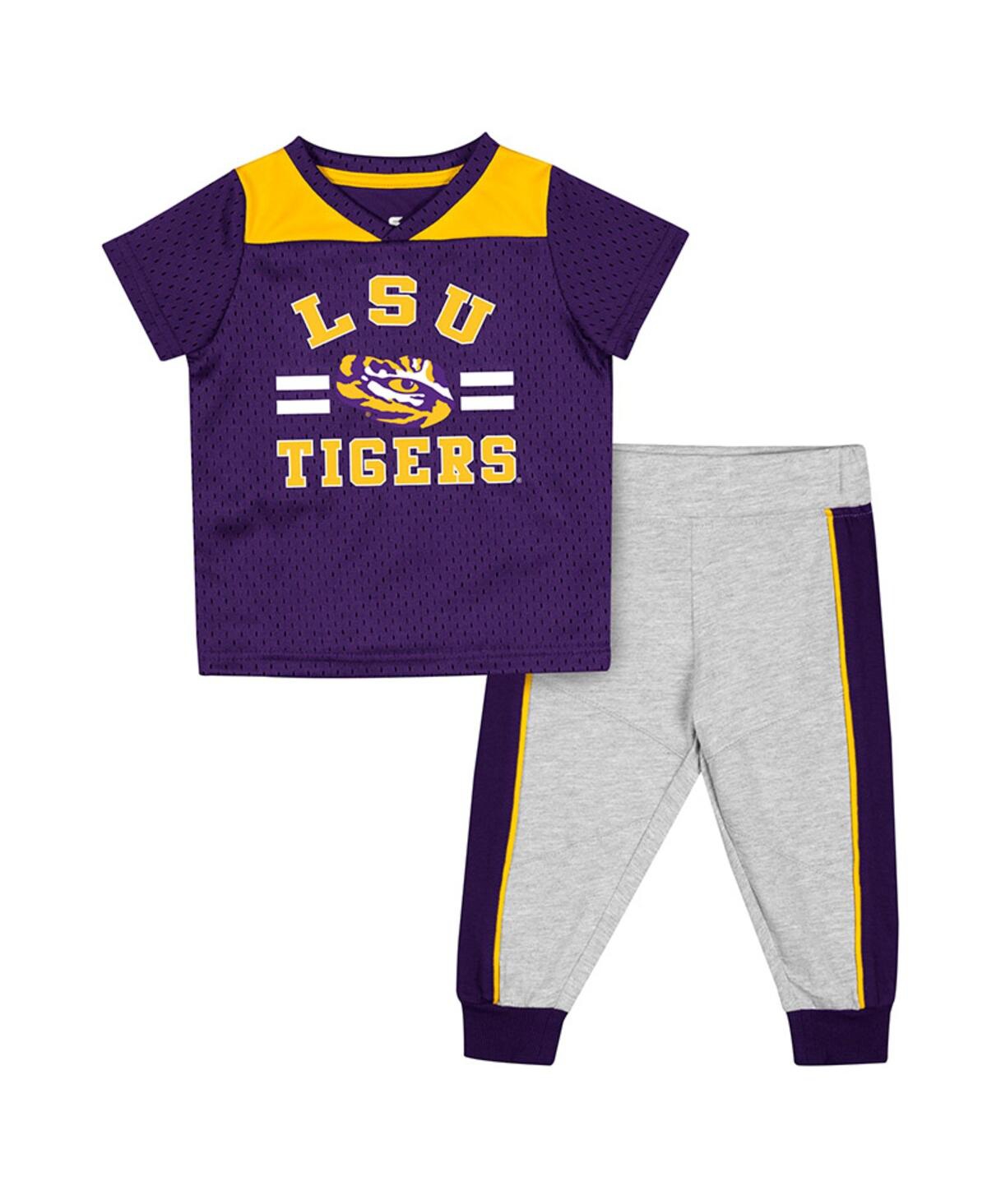 COLOSSEUM INFANT BOYS AND GIRLS COLOSSEUM PURPLE, HEATHER GRAY LSU TIGERS KA-BOOT-IT JERSEY AND PANTS SET