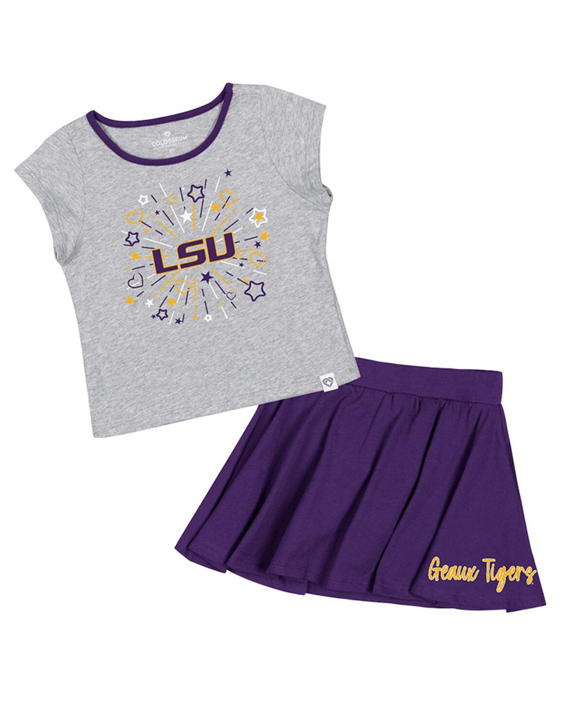 Colosseum Babies' Girls Toddler  Heather Gray, Purple Lsu Tigers Two-piece Minds For Molding T-shirt And Skir In Heather Gray,purple