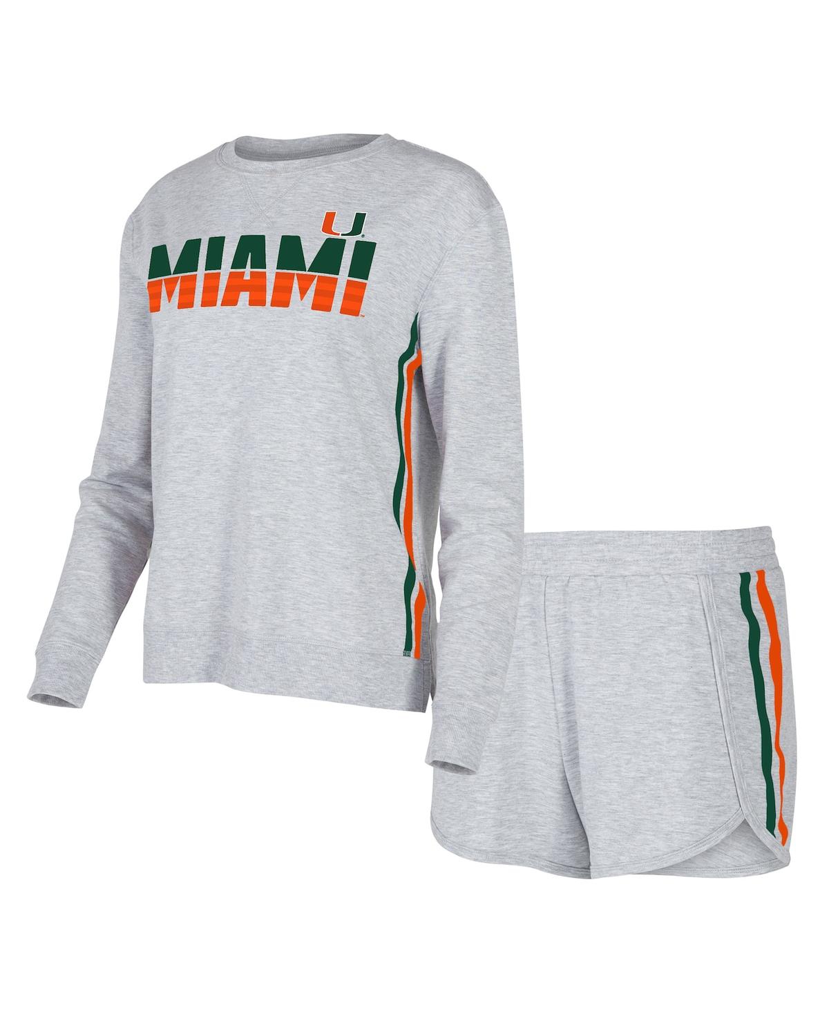 Concepts Sport Women's  Gray Miami Hurricanes Cedar Tri-blend Long Sleeve T-shirt And Shorts Sleep Se
