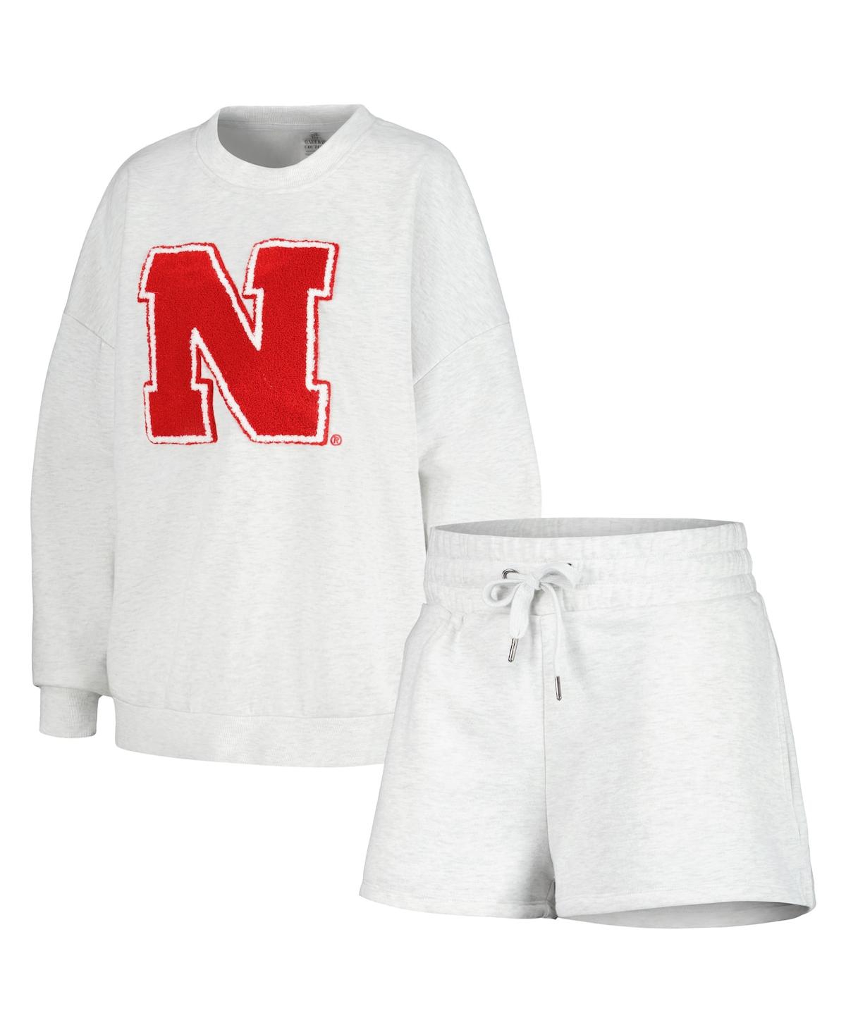 GAMEDAY COUTURE WOMEN'S GAMEDAY COUTURE ASH NEBRASKA HUSKERS TEAM EFFORT PULLOVER SWEATSHIRT AND SHORTS SLEEP SET 