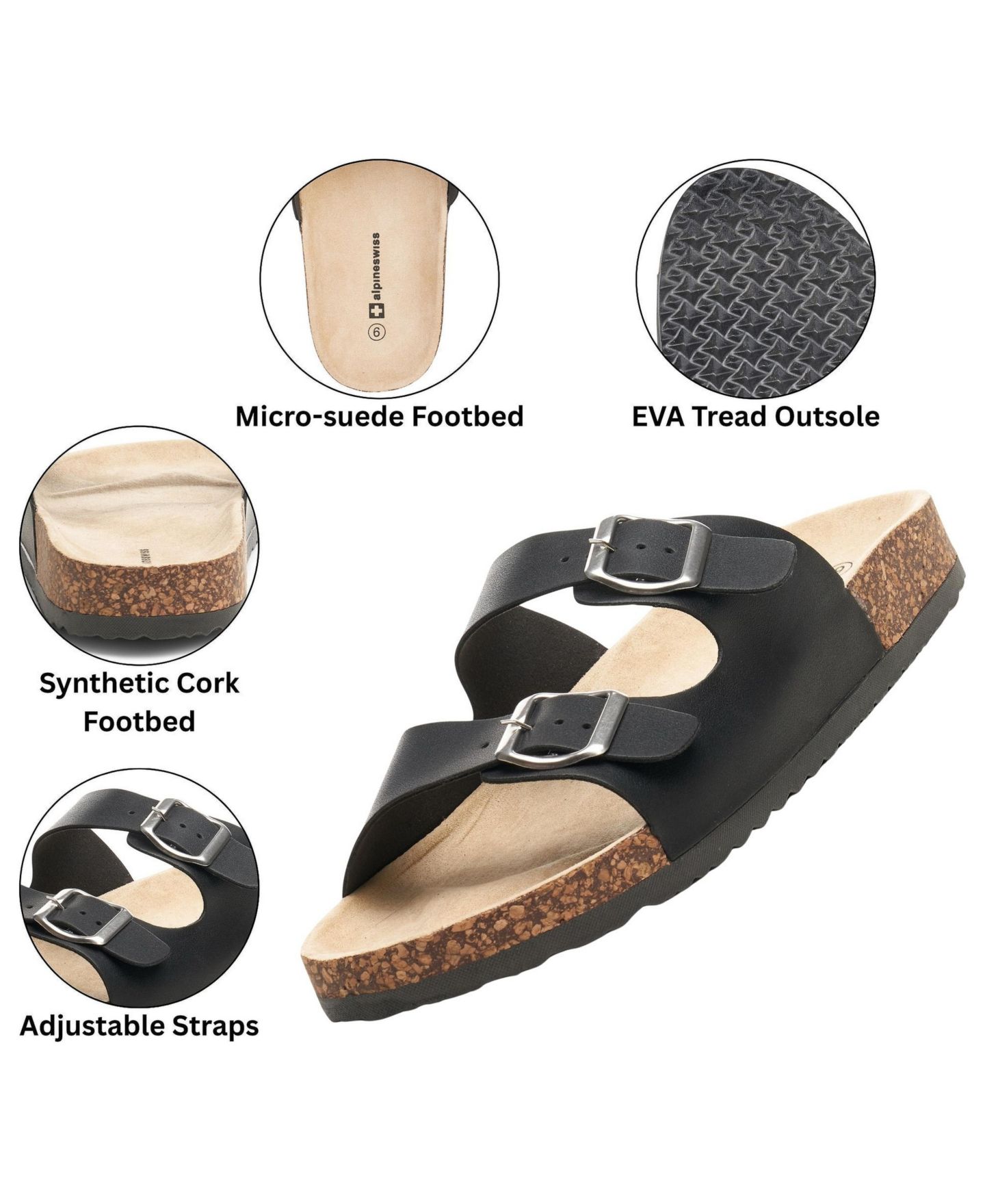 Мужские сандалии Alpine Swiss Double Strap Casual Slides Flat, цвет: Чёрный, вариант 1 — фото 2