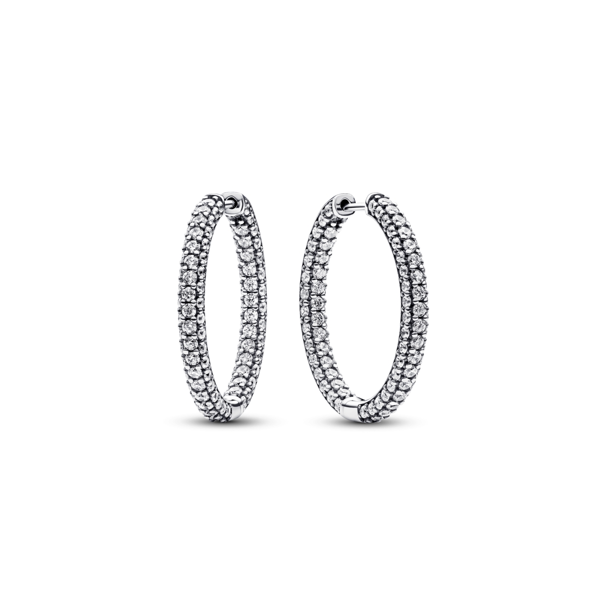 Pandora Timeless Sterling Silver Pave Single-row Hoop Earrings In Clear