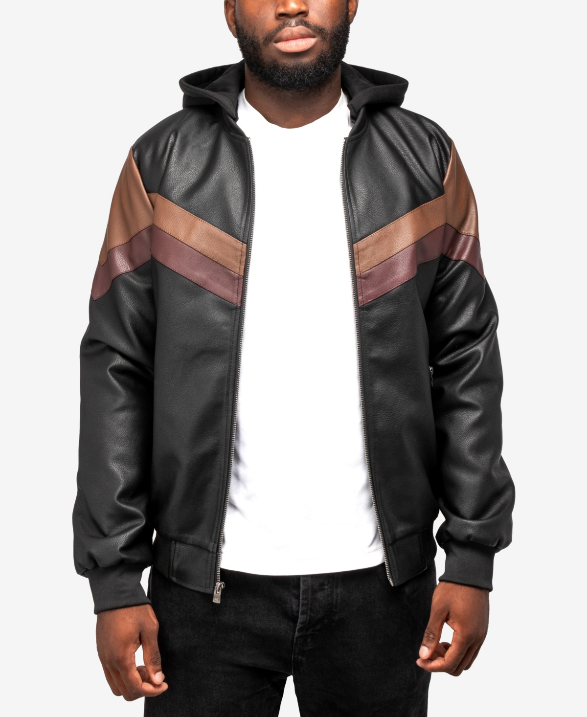 Shop X-ray Men's Grainy Polyurethane Hooded Jacket With Faux Shearling Lining In Black,brown