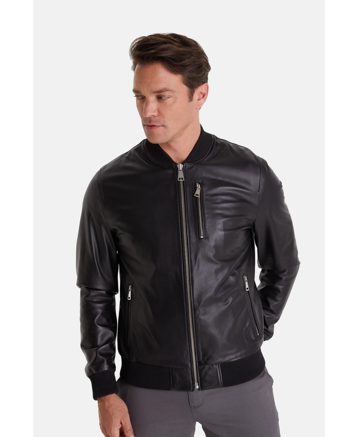 Men's Genuine Leather Bomber Jacket, Black - Black