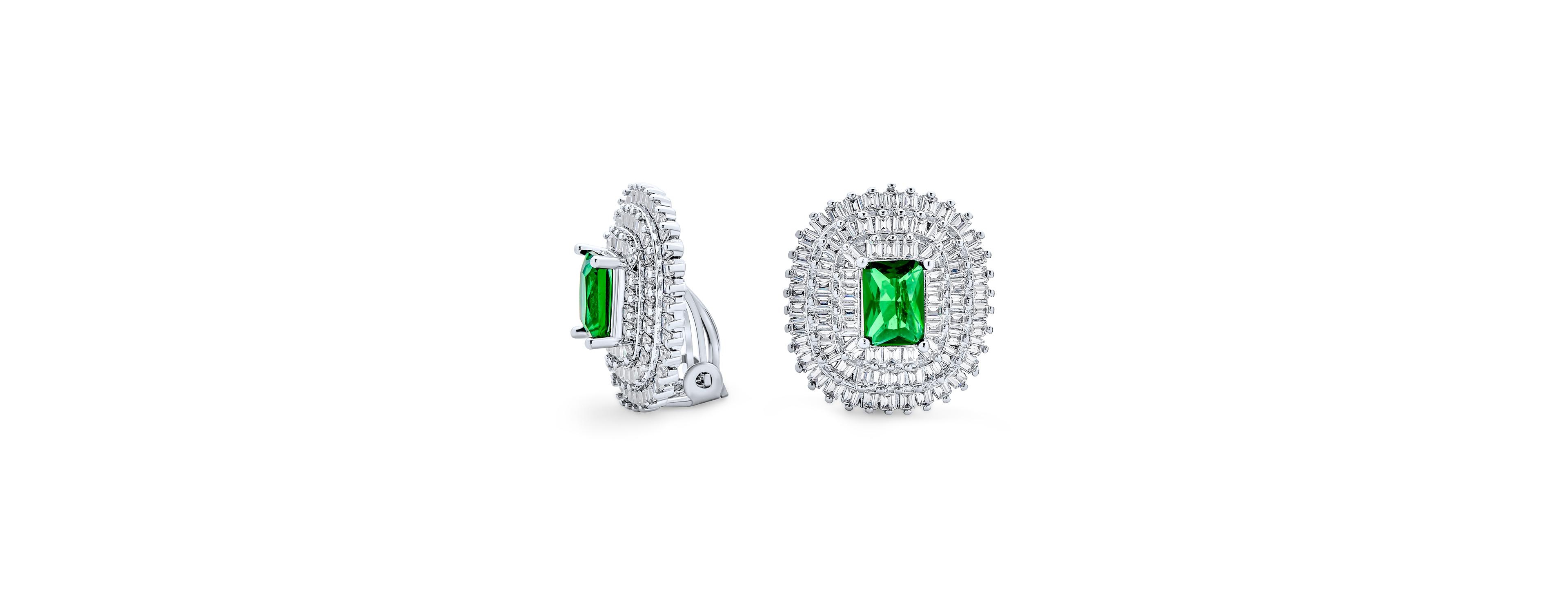 Bling Jewelry Classic Holiday Party Emerald Cut Green Cubic Zirconia Triple Row Baguette Halo Cz Stud Clip On Earrings Non Pierced Ear