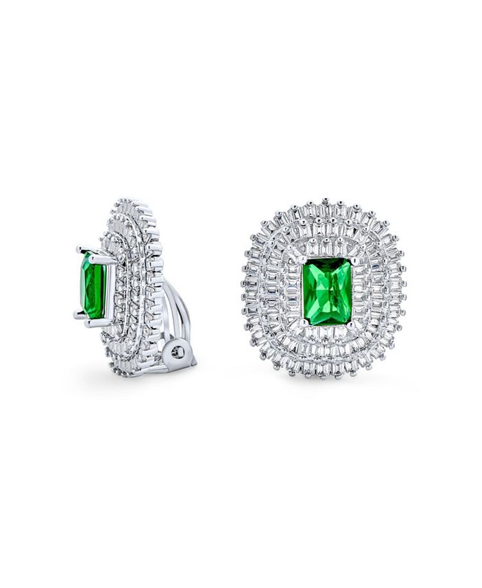 Bridal Green Emerald Cut Halo AAA CZ Clip on Earrings Silver Plated