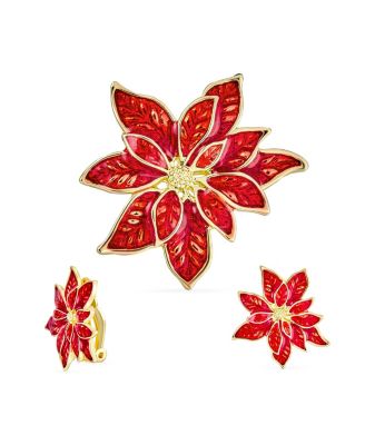 Large Statement Poinsettia Brooch Clip-On Earrings Christmas Jewelry Set Gold Plated