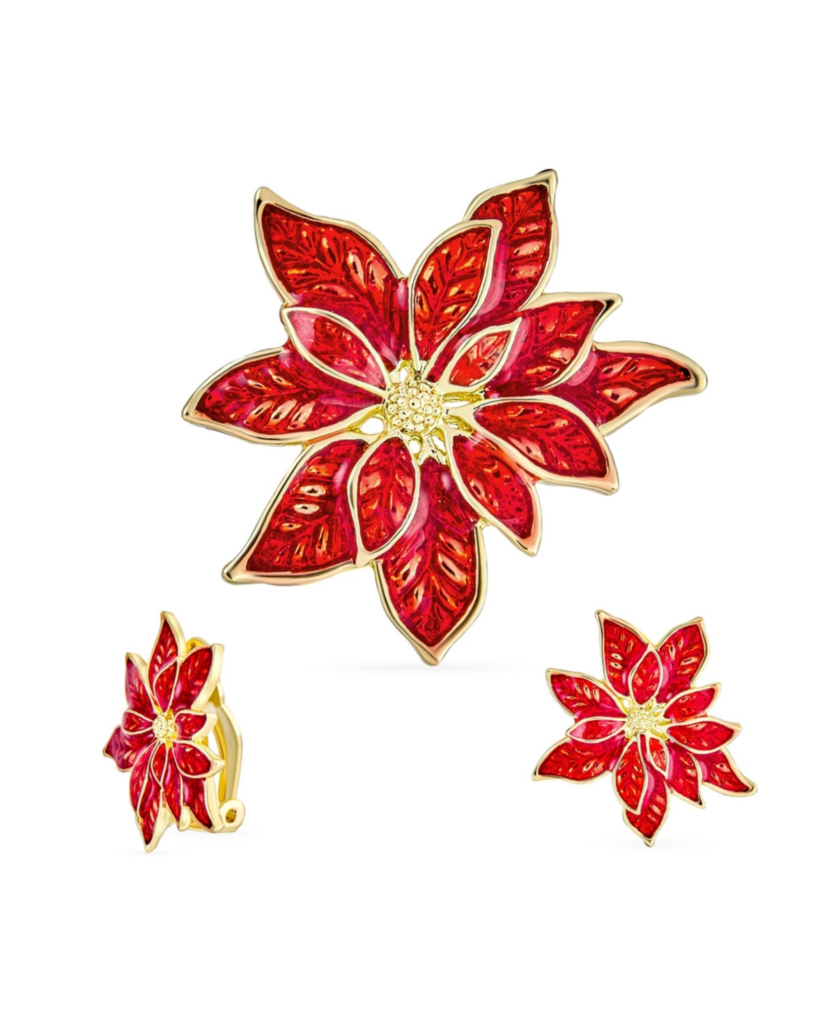 Statement Flower Holiday Party White Red Enamel Poinsettia Brooch Clip On Earrings Christmas Scarf Pin Jewelry Set For Women