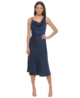 DKNY Women's Crepe Satin Cowlneck Midi Dress With Embellished Straps -  Macy's
