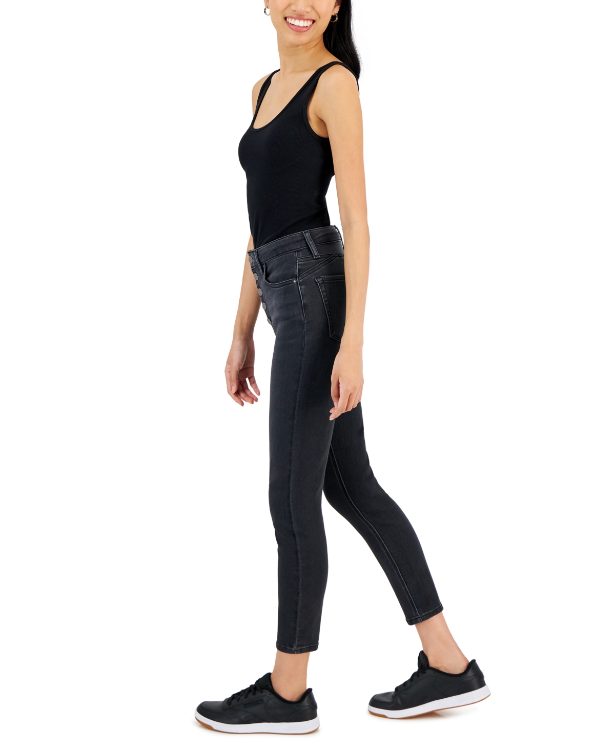 Shop Tinseltown Juniors' Button-fly Mid-rise Skinny Ankle Jeans In Black