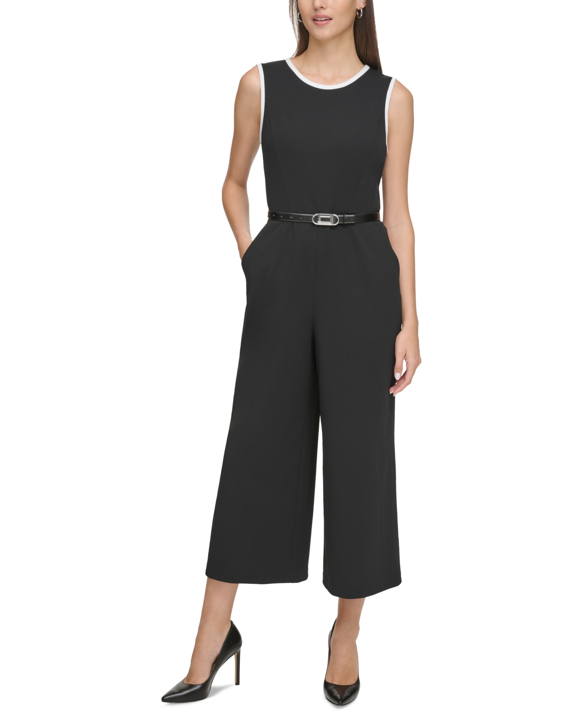 Karl Lagerfeld Women's Scuba Crepe Logo- Belt Jumpsuit In Black/soft White