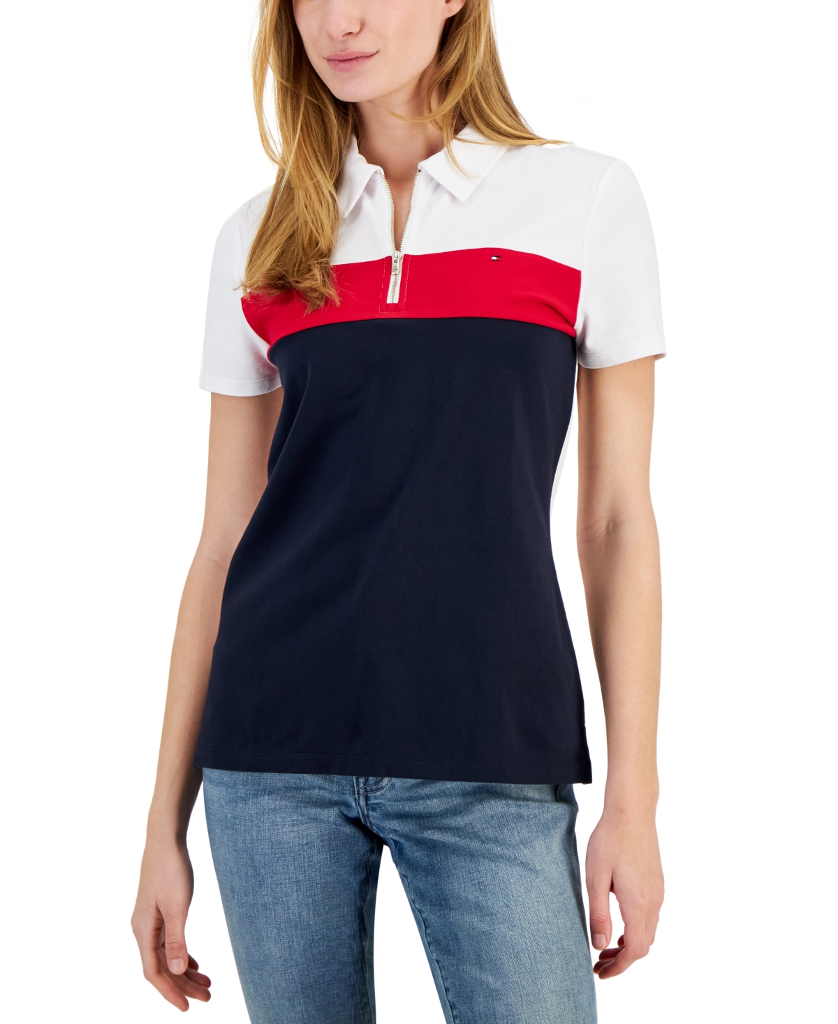 Tommy Hilfiger Women's Colorblocked Zip Polo Shirt In Bright White Cbo