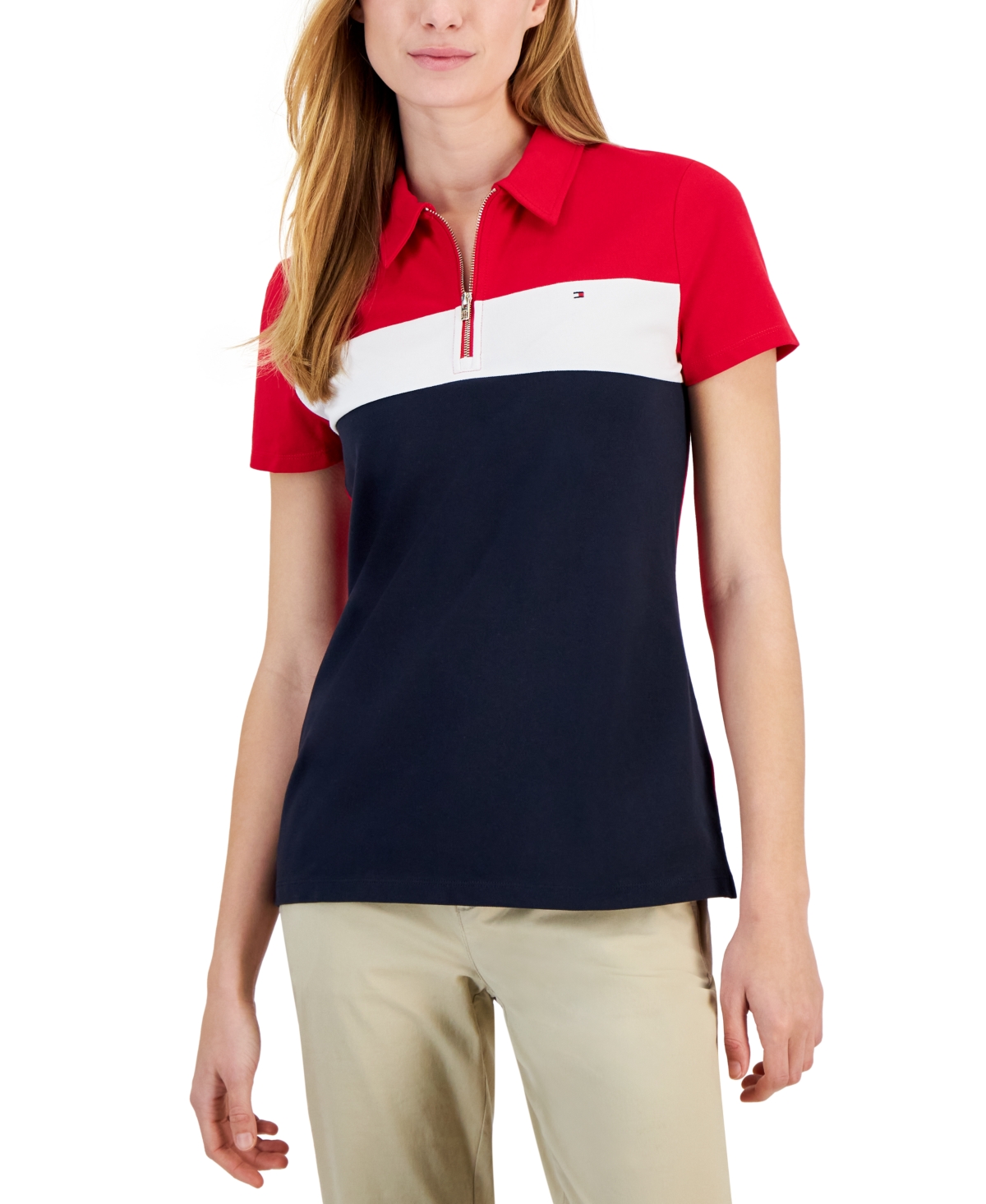 Tommy Hilfiger Women's Colorblocked Zip Polo Shirt In Scarlet Cbo