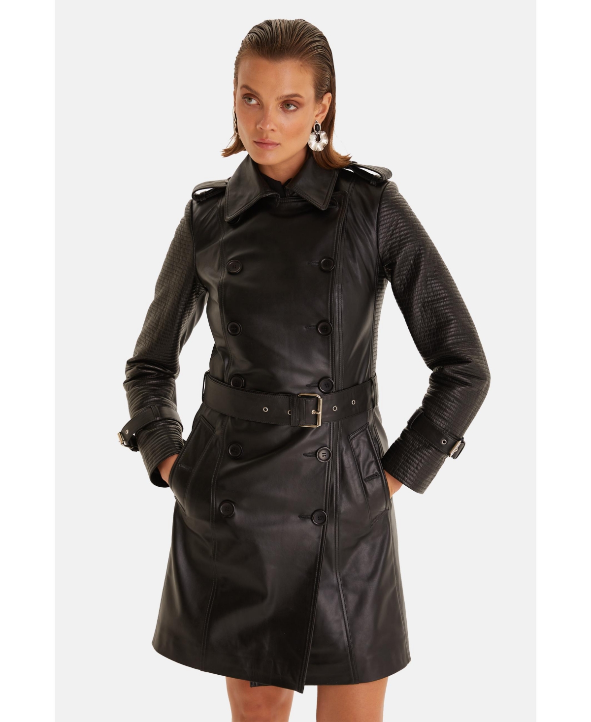 Genuine Leather Trench Coat, Black - Black