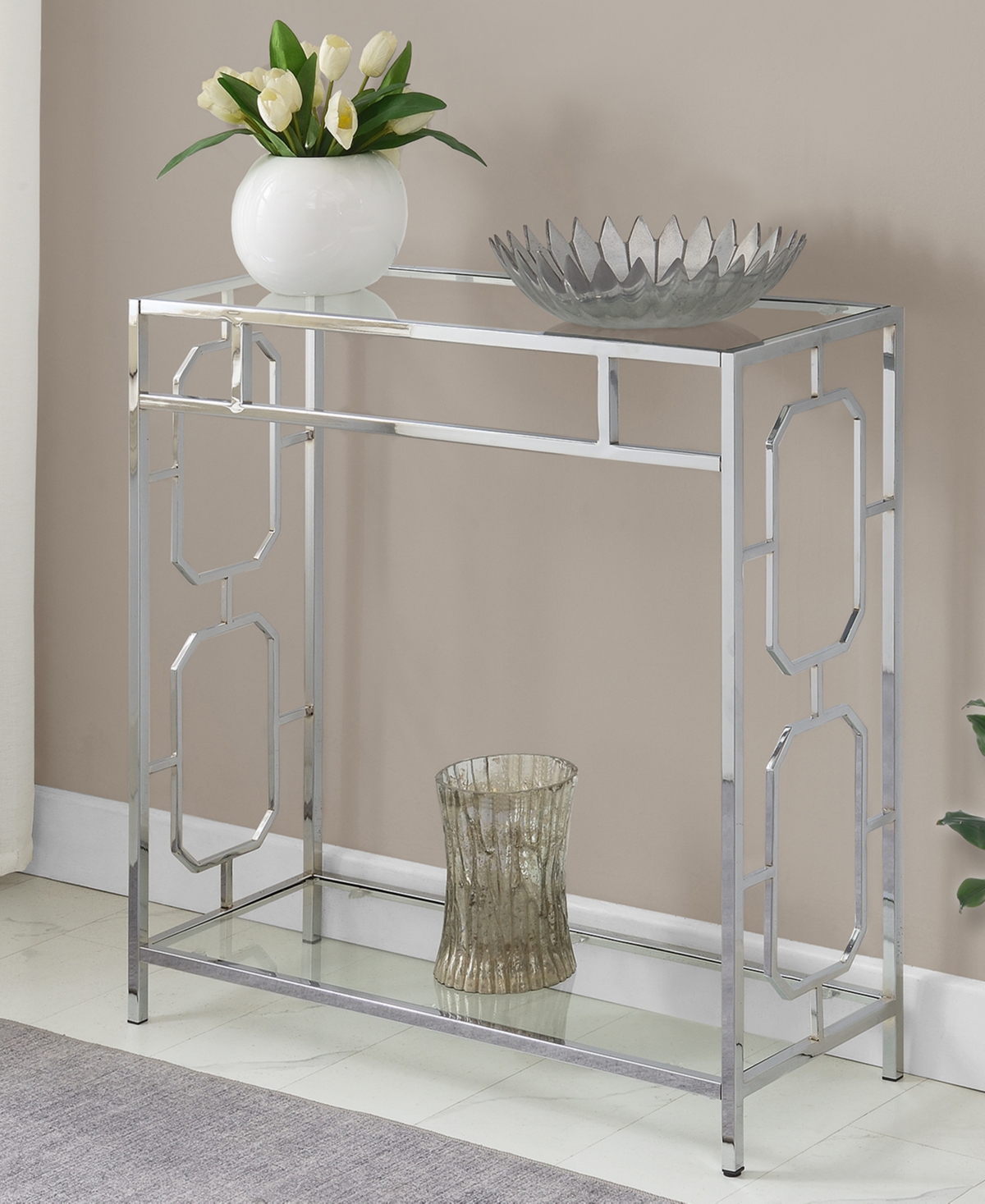Convenience Concepts 31.5" Omega Glass Hall Table With Shelf In Glass,chrome