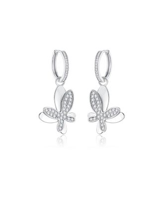Pave Butterfly Dangle Drop Hoop Earrings - Silver