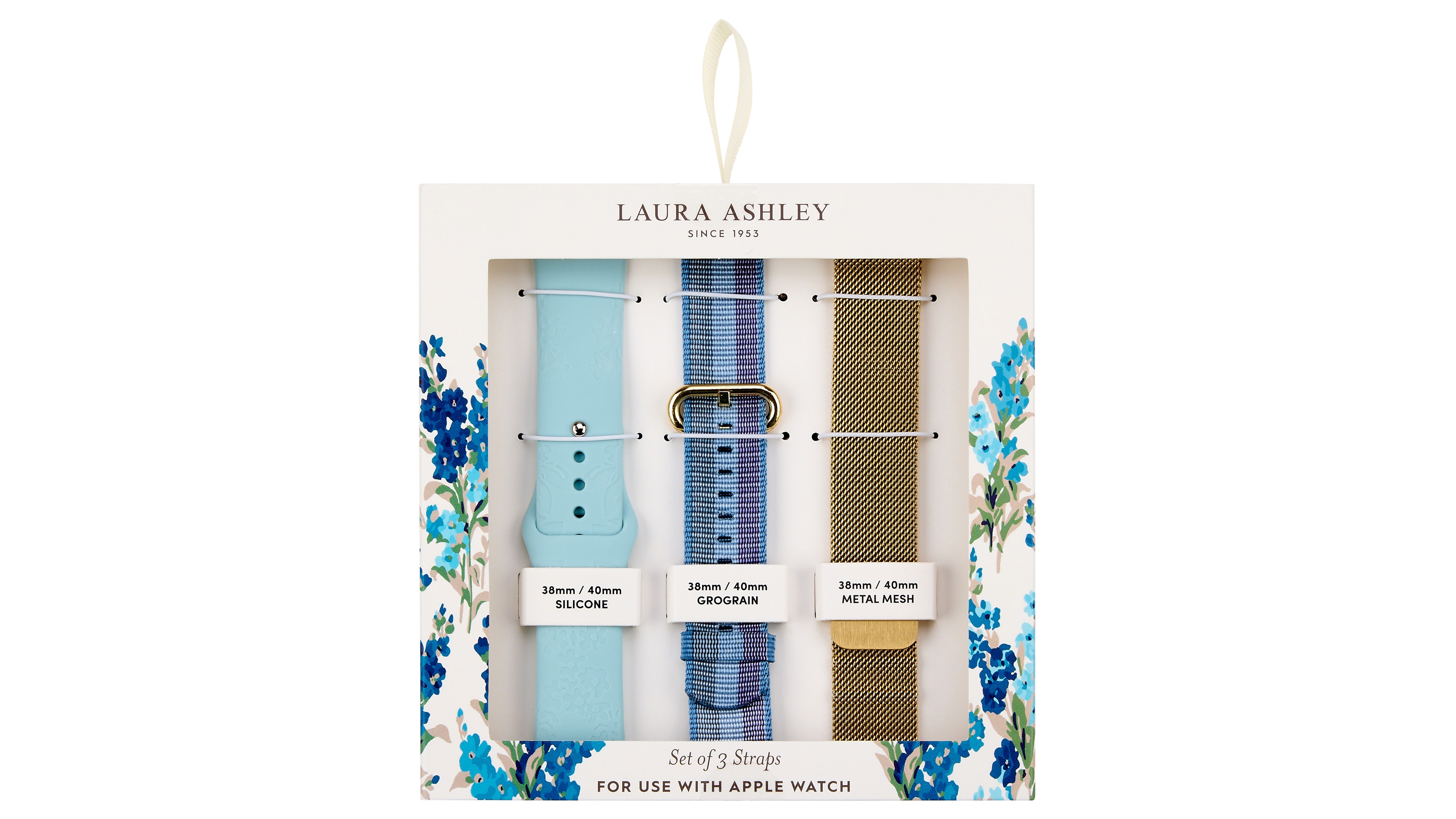 Laura Ashley Women's Gold-Tone Mesh, Blue Grosgrain and Blue Silicone Strap Sets Compatible with Apple Watch 38mm, 40mm, 41mm