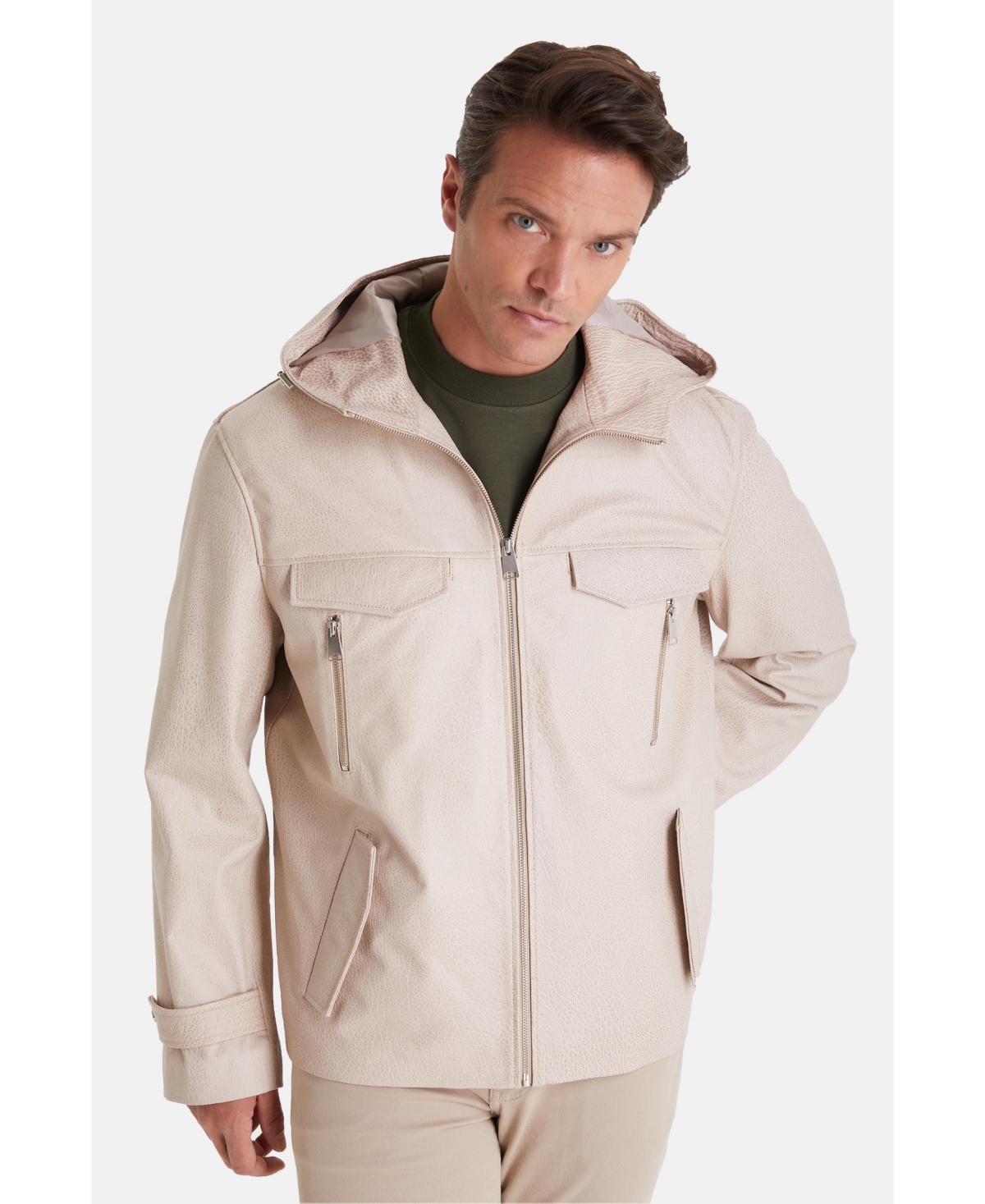 Men's Leather Jacket, Elephant Beige - Beige/khaki