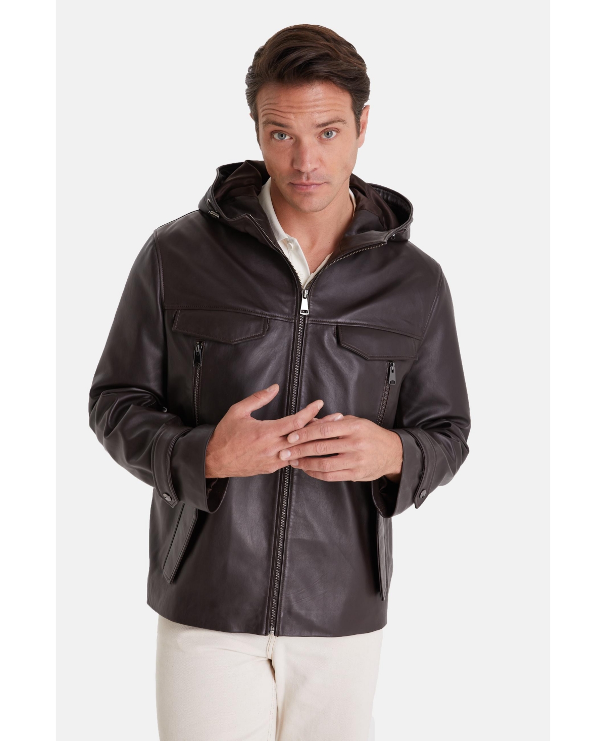 Men's Leather Jacket, Brown - Brown