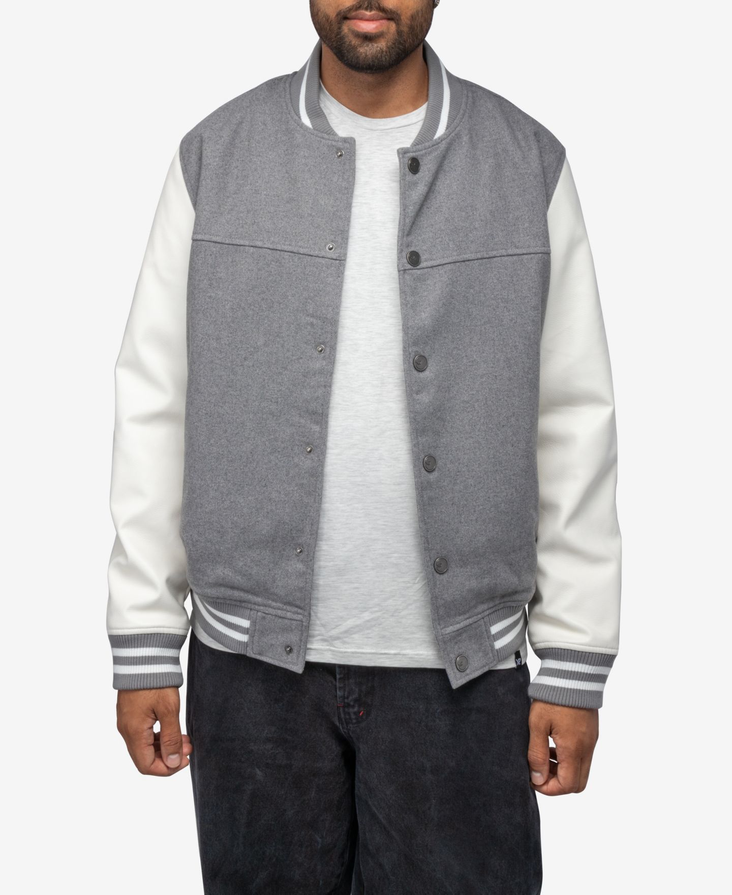 Мужская куртка X-Ray Wool Varsity Bomber With PU Sleeves, цвет: Серый / Белый — фото 1