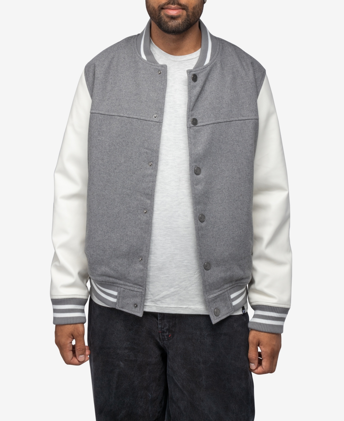 Shop X-ray Men's Wool Varsity With Grainy Polyurethane Sleeves Bomber Jacket In Gray,white