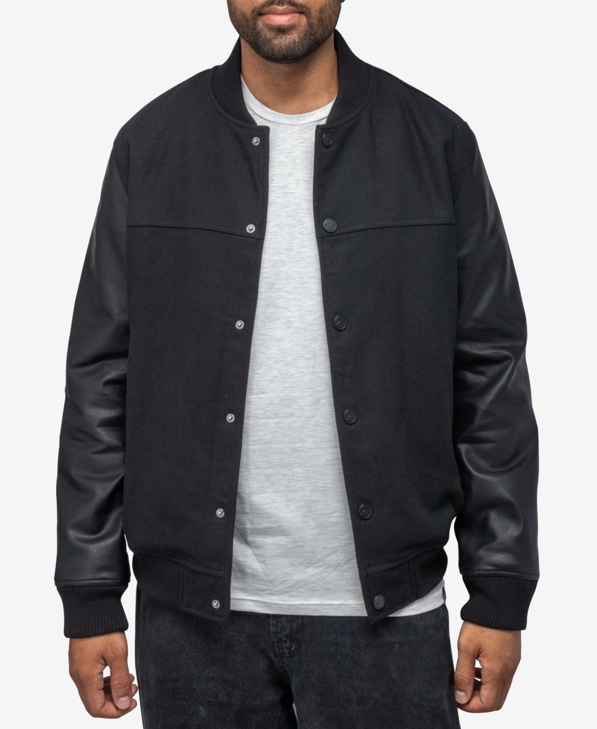 Shop X-ray Men's Wool Varsity With Grainy Polyurethane Sleeves Bomber Jacket In Black,black