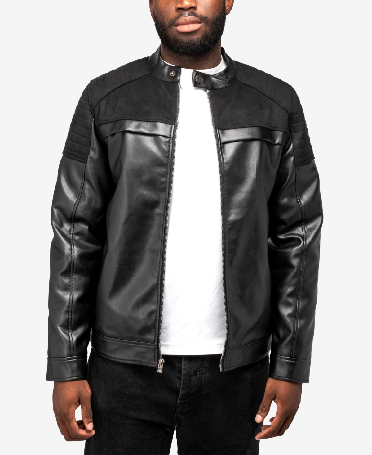 X-ray Men's Shiny Polyurethane And Faux Suede Detailing With Faux Shearling Lining Jacket In Black,black