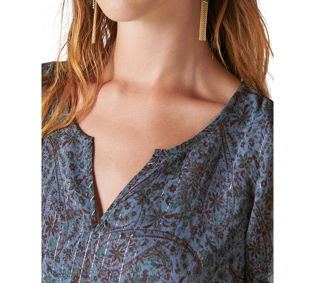Shop Lucky Brand Women's Paisley-print Split-neck Peasant Top In Blue Multi