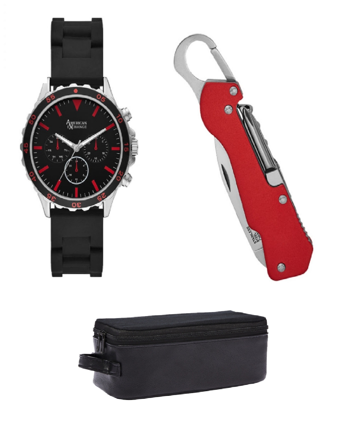 Men's Quartz Black Silicone Strap Watch 50mm Gift Set - Black