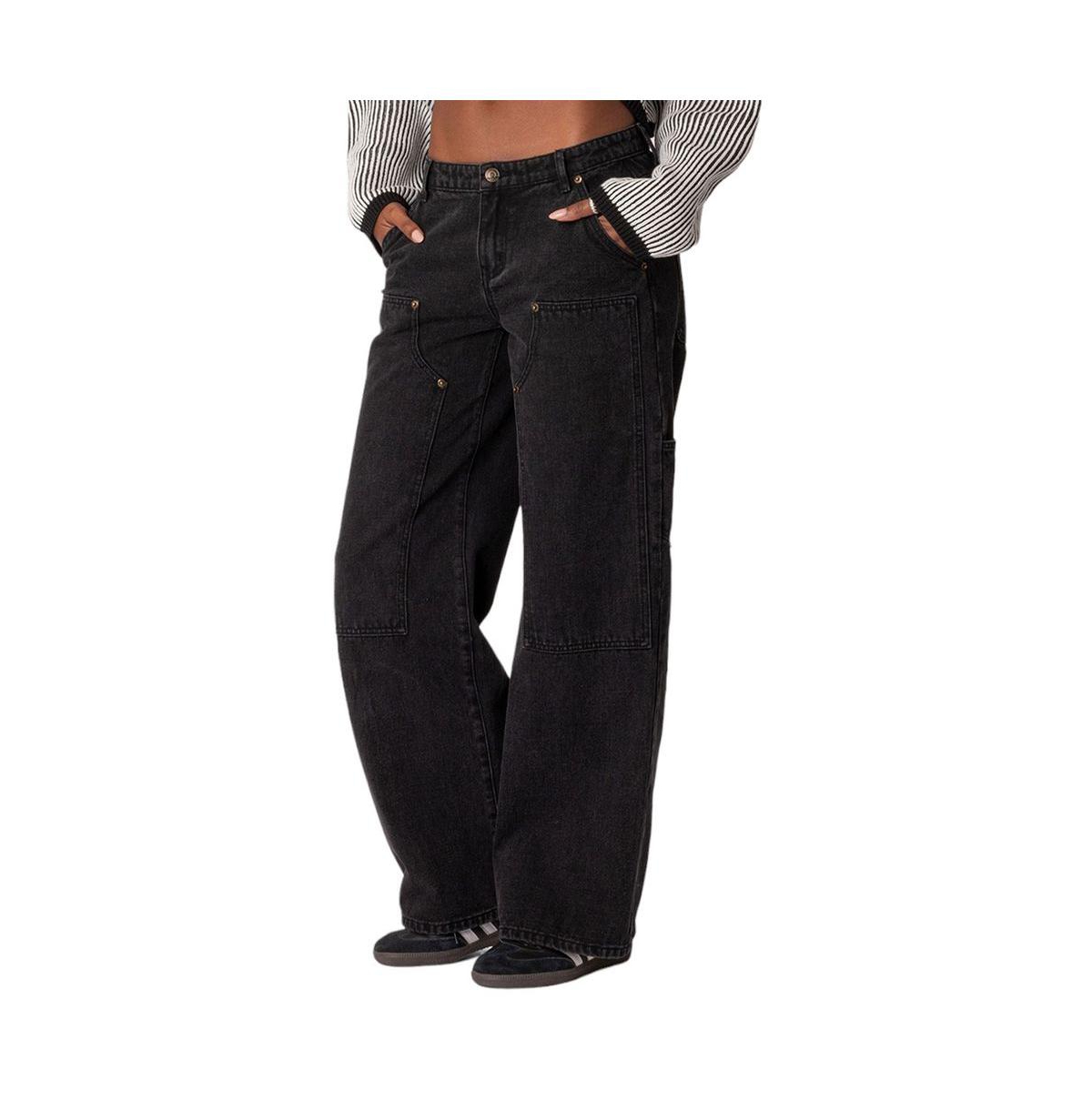 Edikted Ayla Low Rise Wide Leg Carpenter Jeans In Black-washed