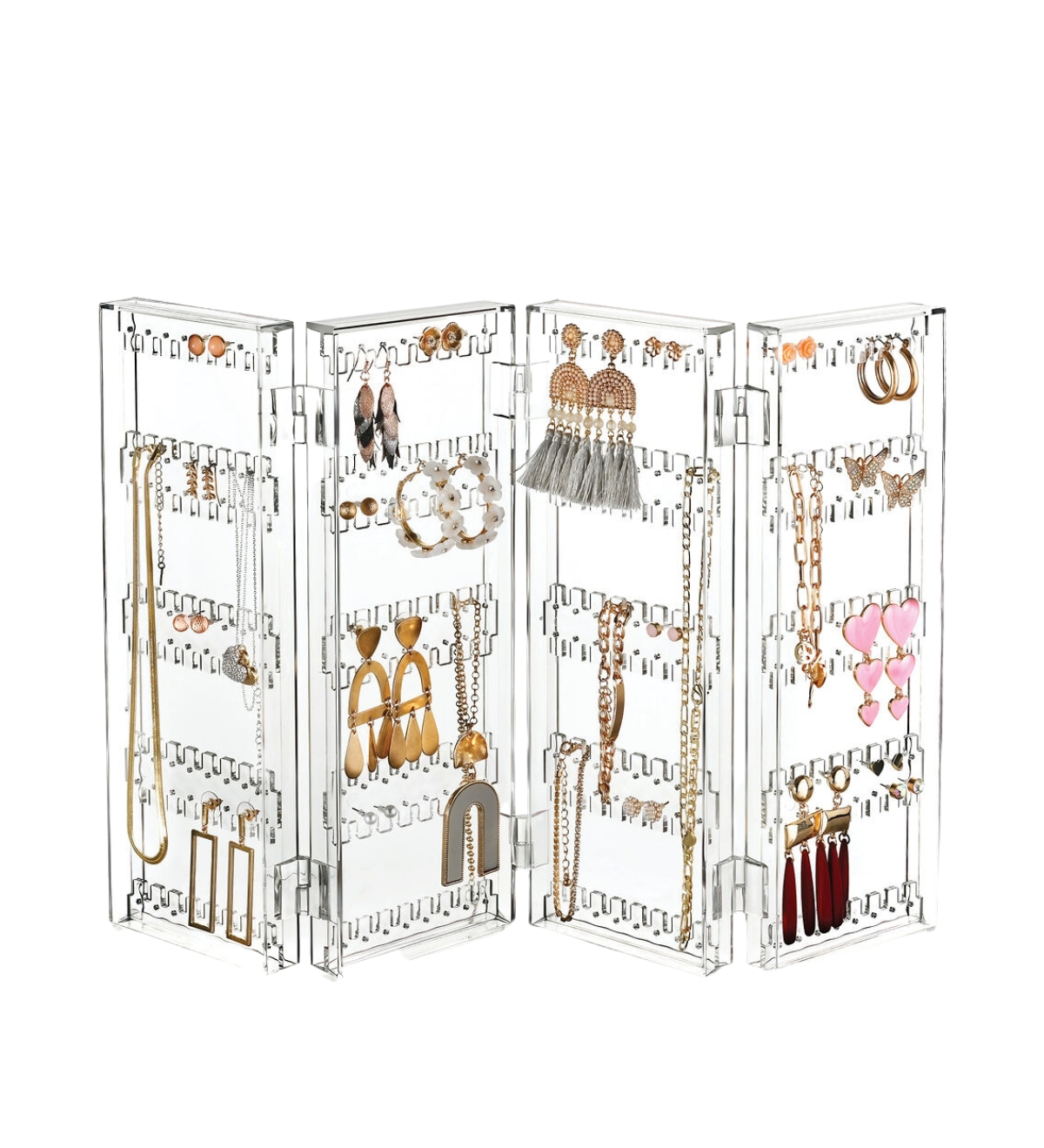 Jewelry Organizer - 5-Tier Earring Holder Rack For 128 Pairs - Compact Stand For Jewelry - Clear Acrylic Necklace Holder - Foldable & Freestanding Tab