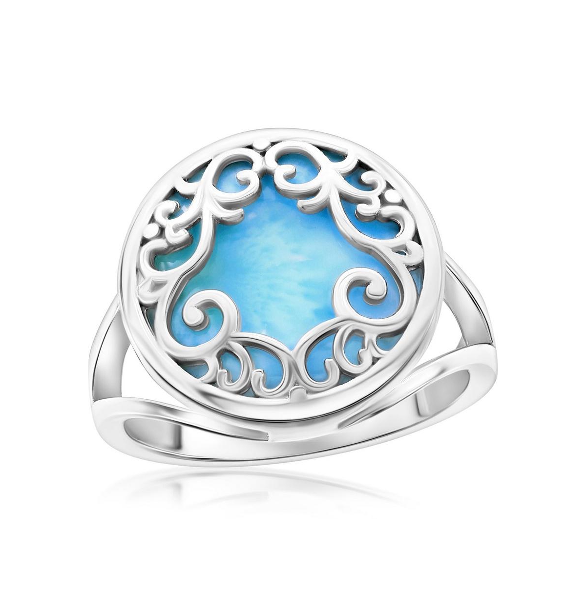 Sterling Silver Round Larimar Filigree Design Ring - Blue